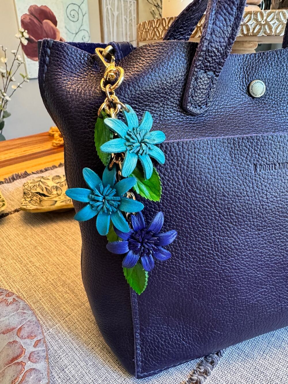 Triple Blue Flower Bag Charm Genuine Leather Purse Charm Flower Charms NEW!